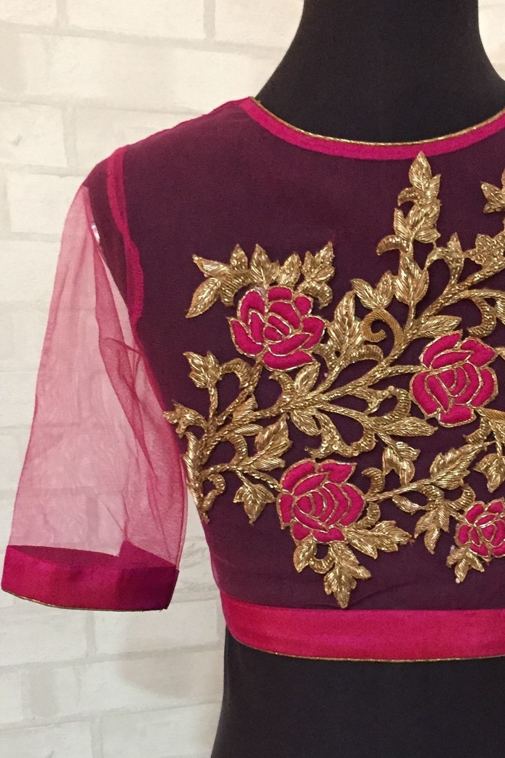 Fuchsia pink silk V neck blouse with applique. - House of Blouse