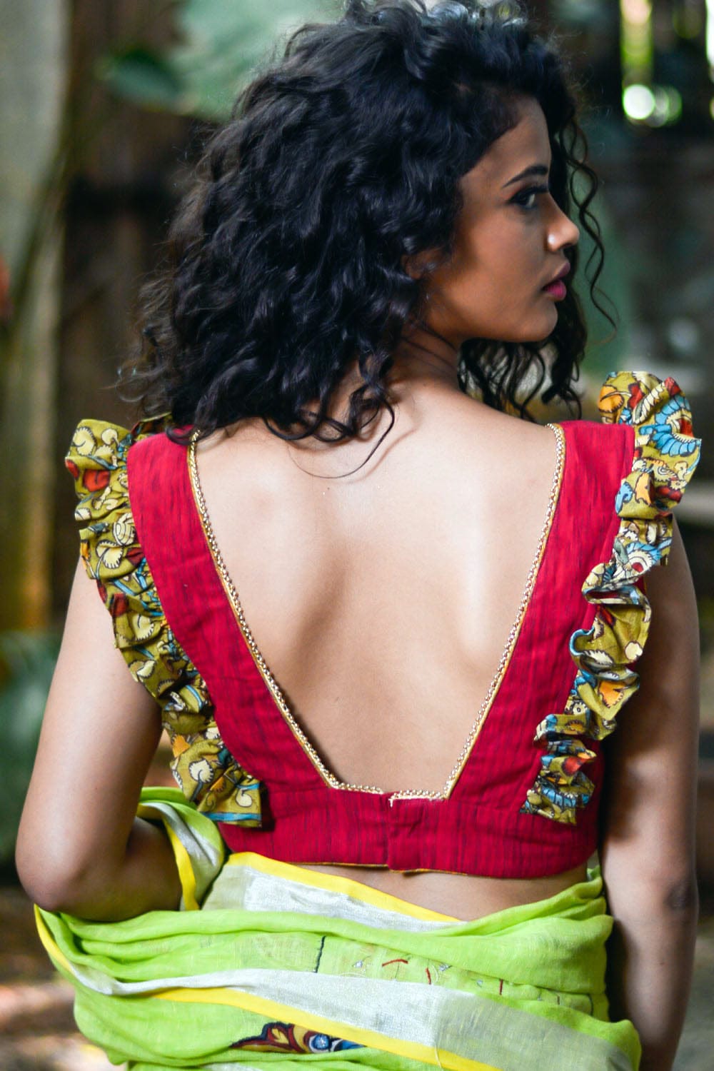 Ruby pink handloom cotton and mustard floral kalamkari frill V neck blouse
