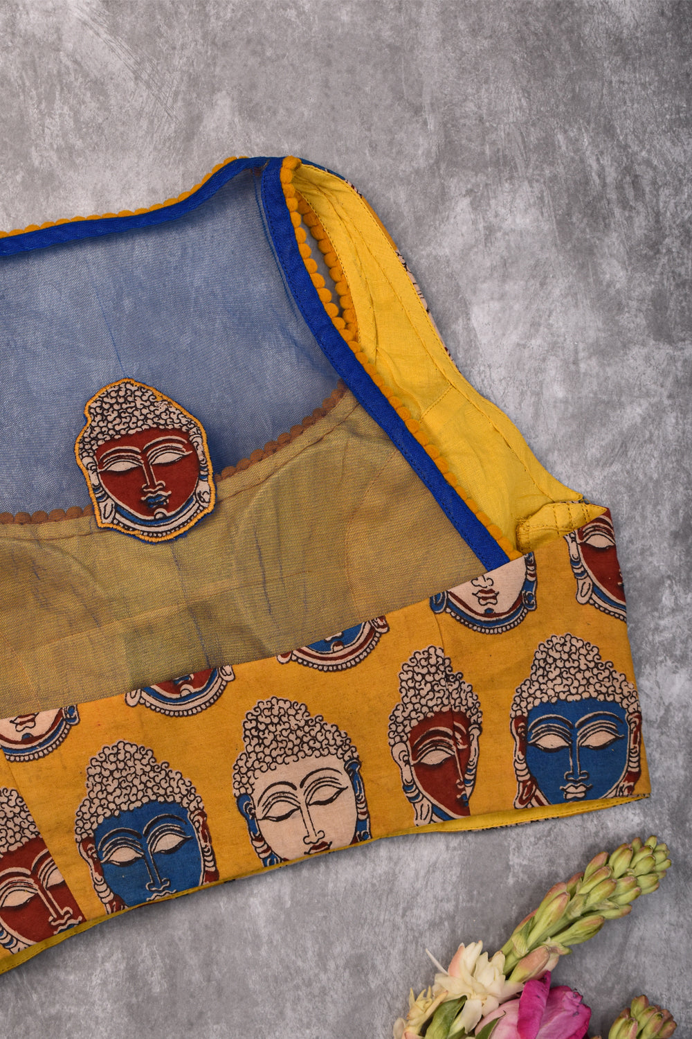 Yellow multicolour kalamkari print U neck blouse with sheer back