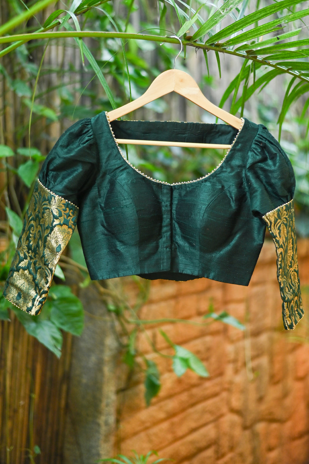 Sacramento green rawsilk U neck blouse with brocade sleeve detailing