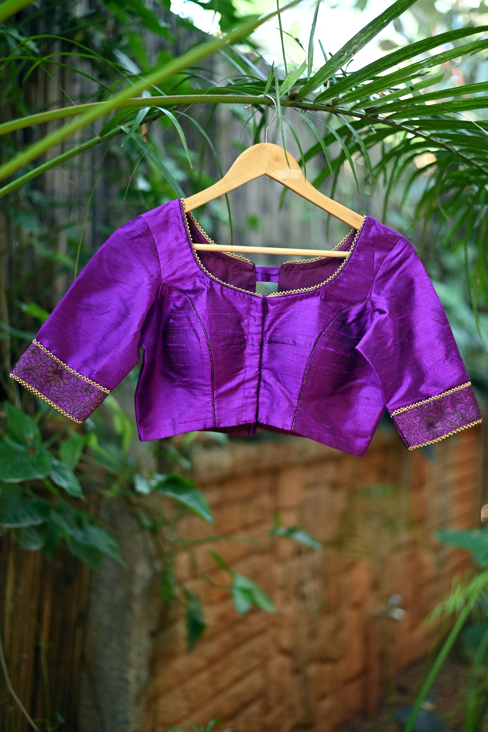 Violet rawsilk with purple brocade U neck blouse