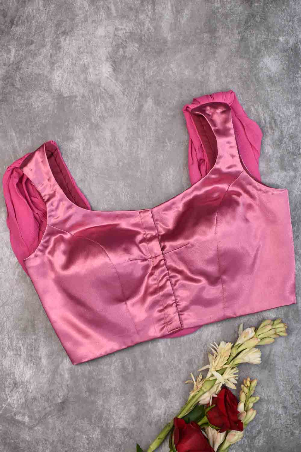Bubblegum pink satin & chiffon Cowl neck blouse
