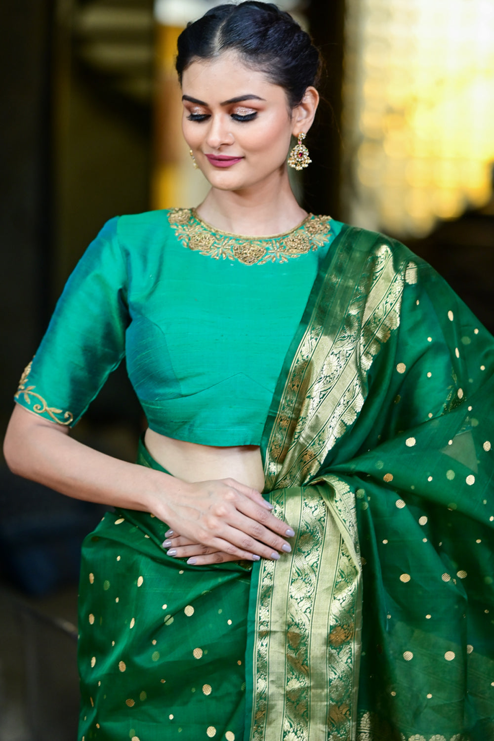 Green Dual Tone Pure Raw Silk Blouse with Antique Tone Zardosi work