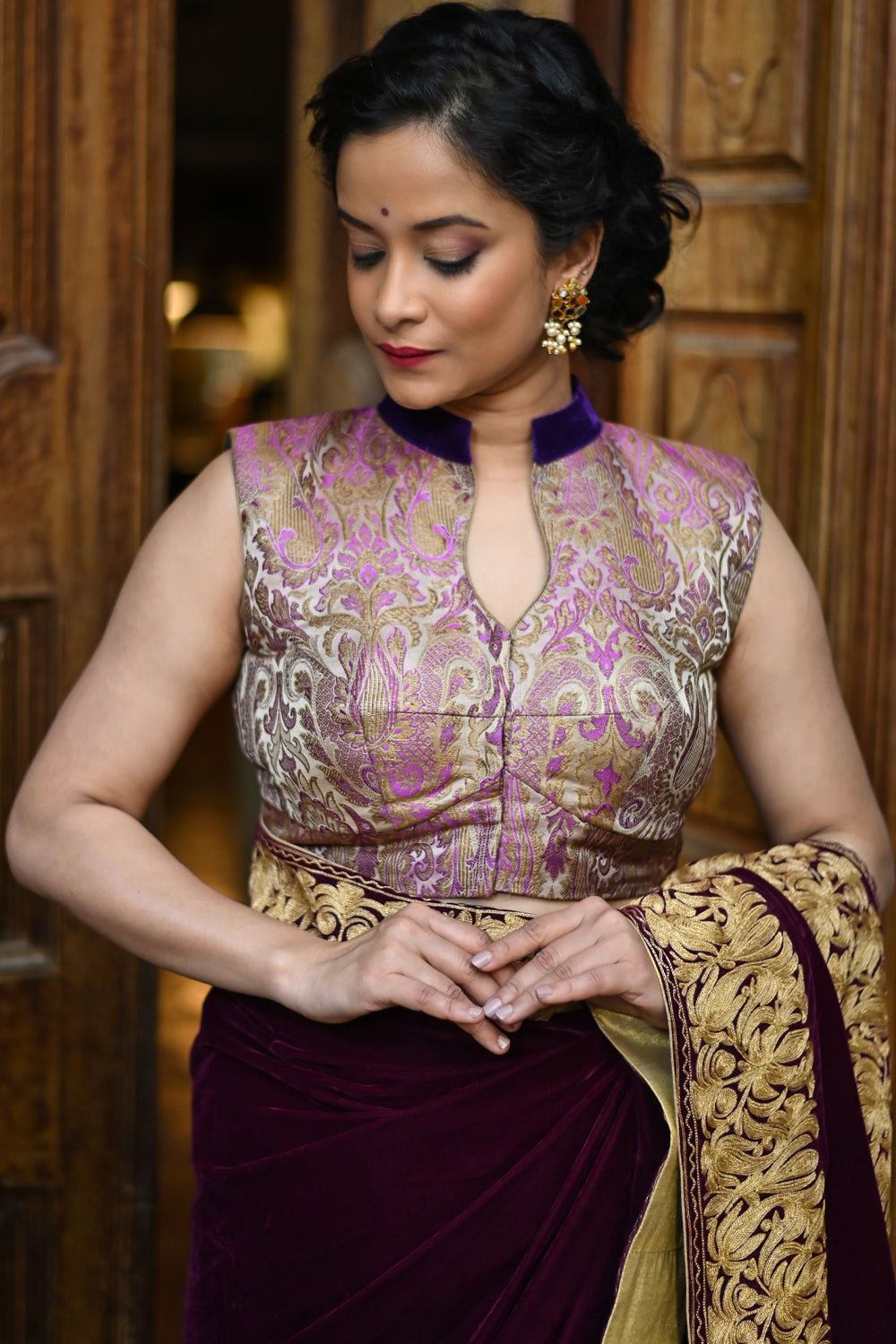 Mandarin Collar , Velvet Trim in Thistle