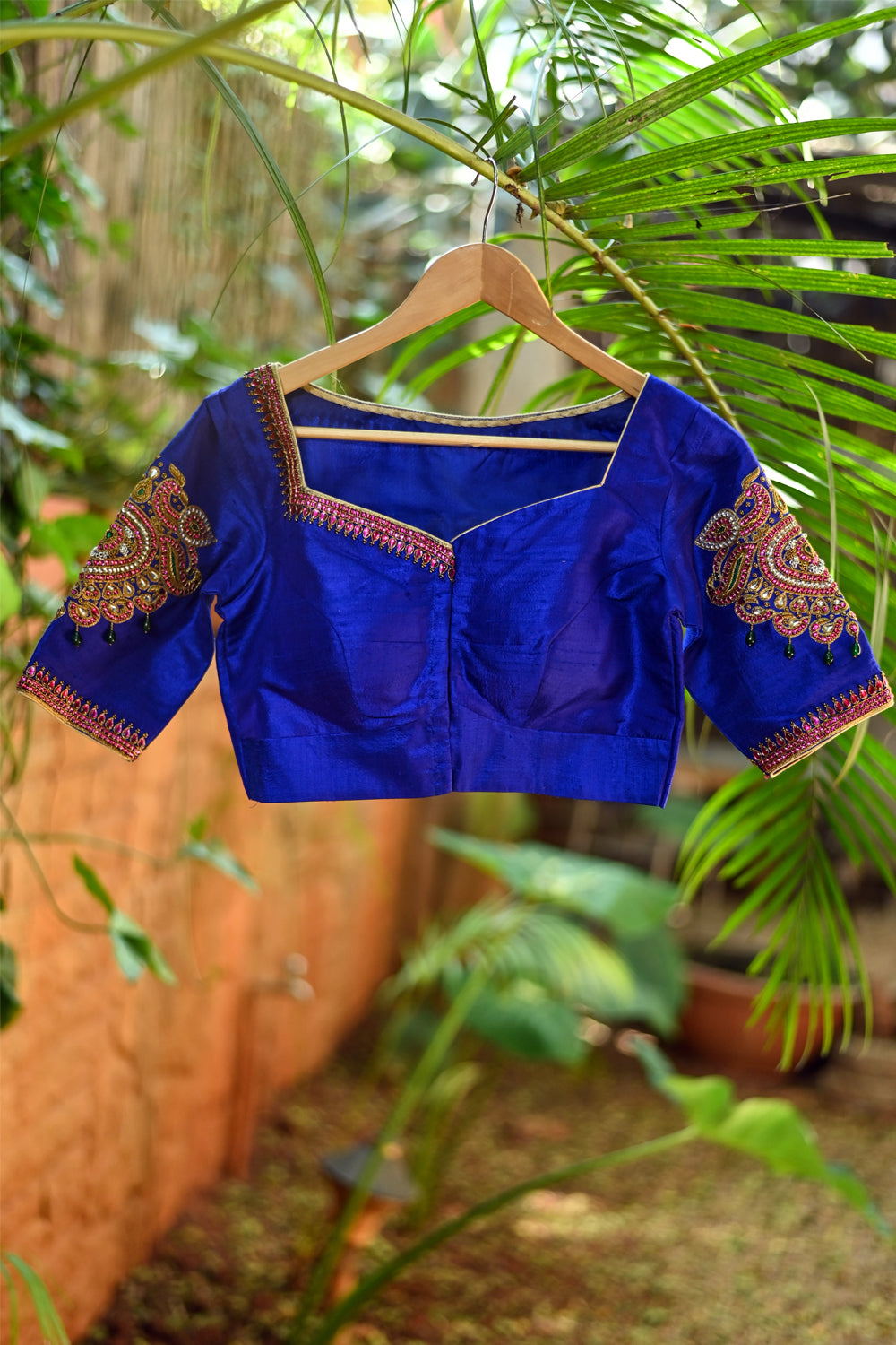 Ultramarine blue raw silk sweetheart neck blouse