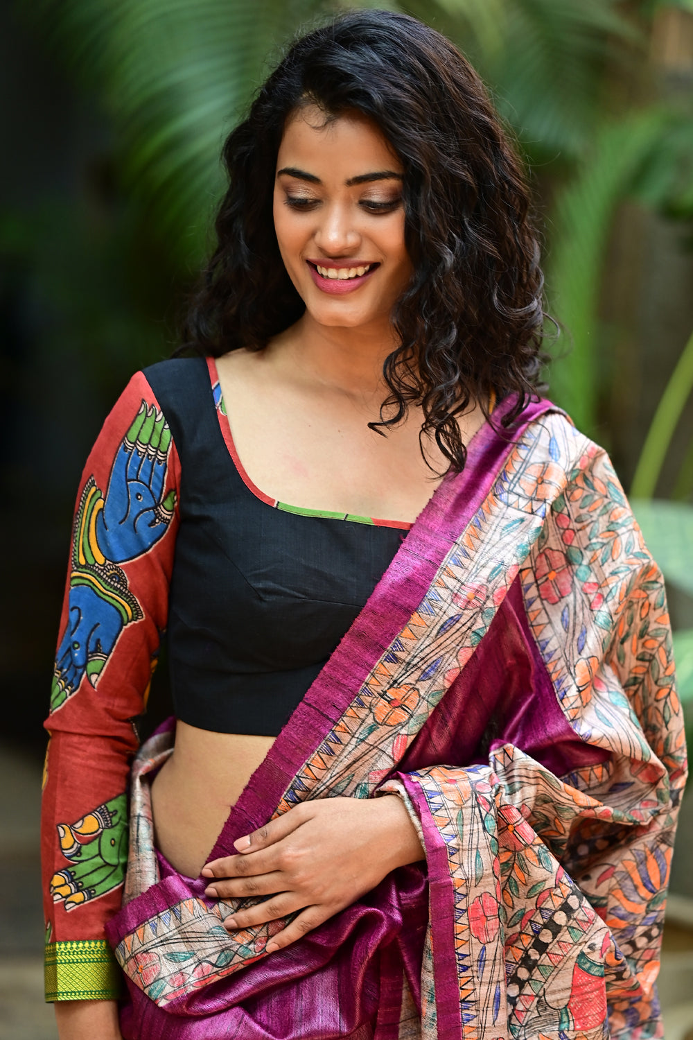 Kalamkari block print and mangalgiri cotton square back cutout, full sleeves blouse