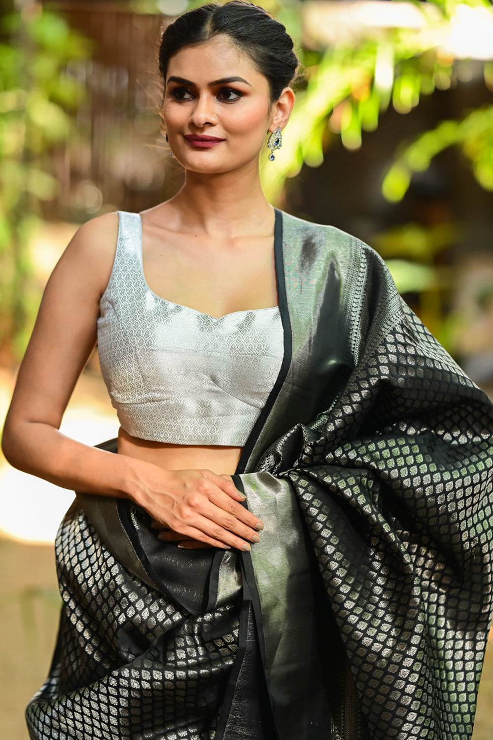 Silver Blouse with Scoopneck, Sleeveless Pattern and Cutdana Latkans