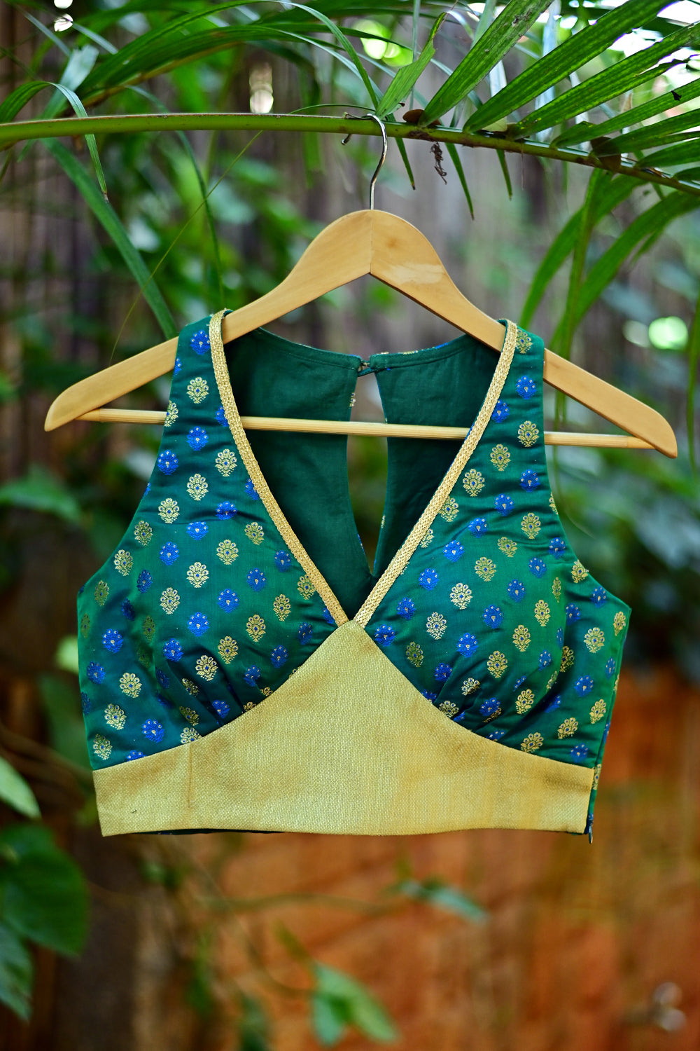 Darkcyan & gold brocade V neck blouse