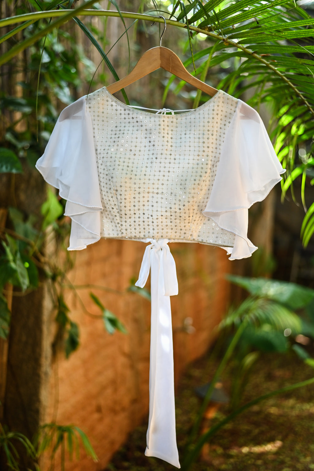 White Sequin Body, Georgette Frill Sleeve Tie back Blouse