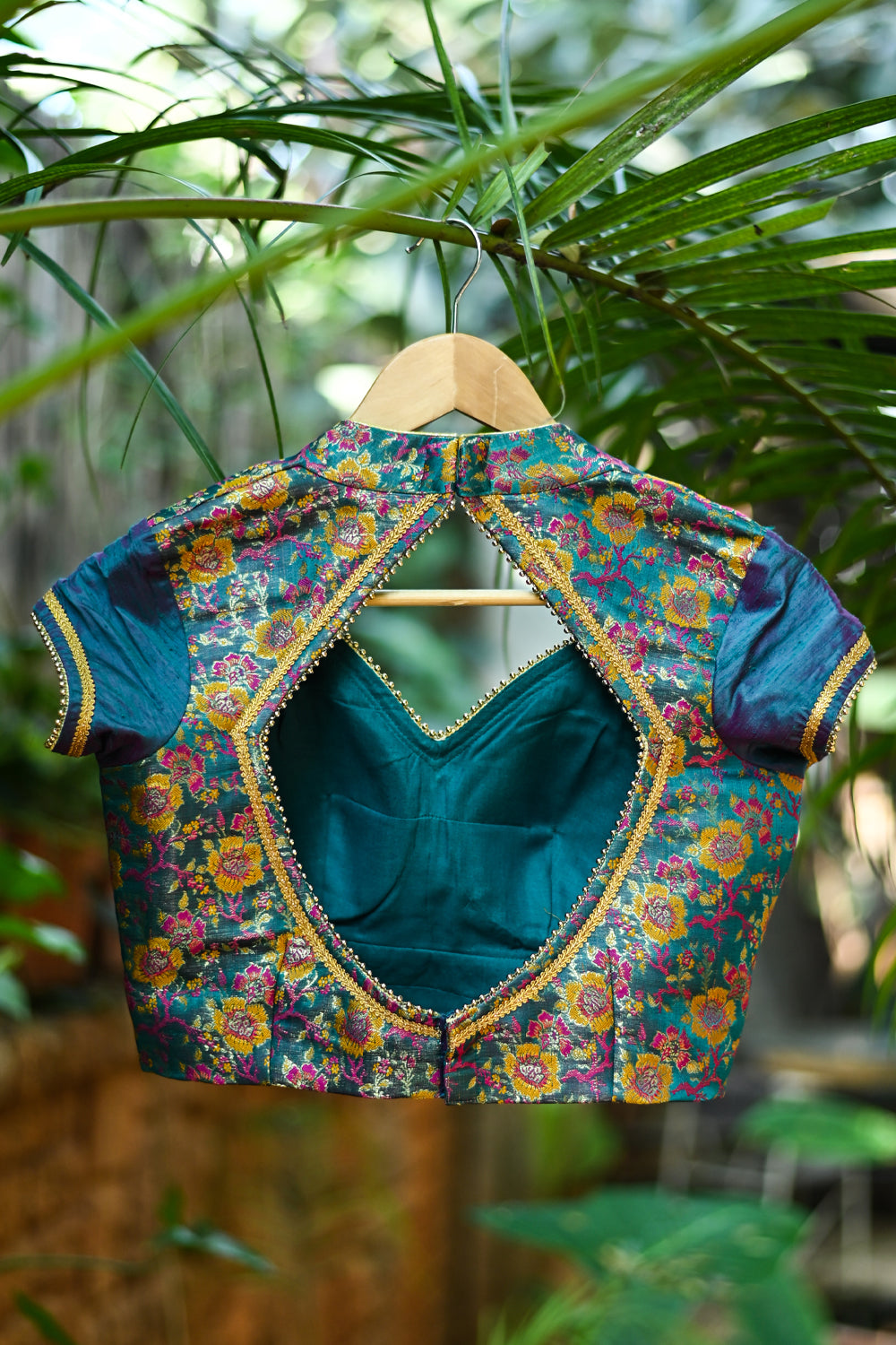 Cerulean blue Banaras brocade & raw silk sweet heart neck blouse