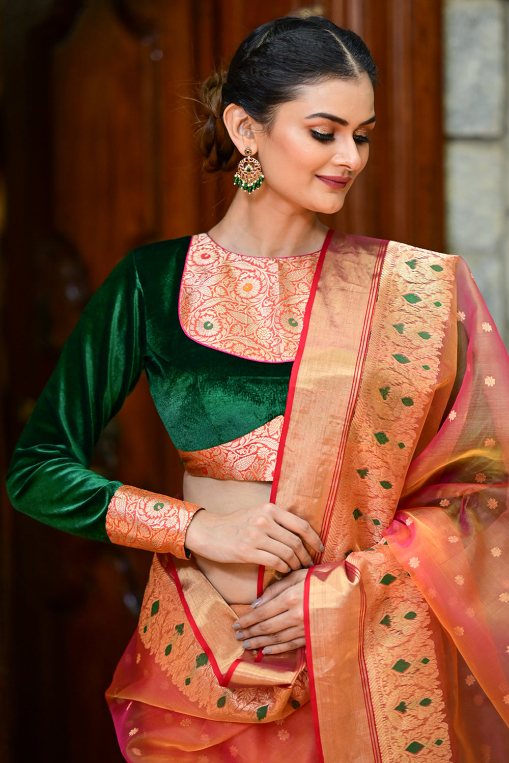 Exquisite Green Velvet Full Sleeve Blouse with Banarasi Meenakari Brocade Yoke and Cuff