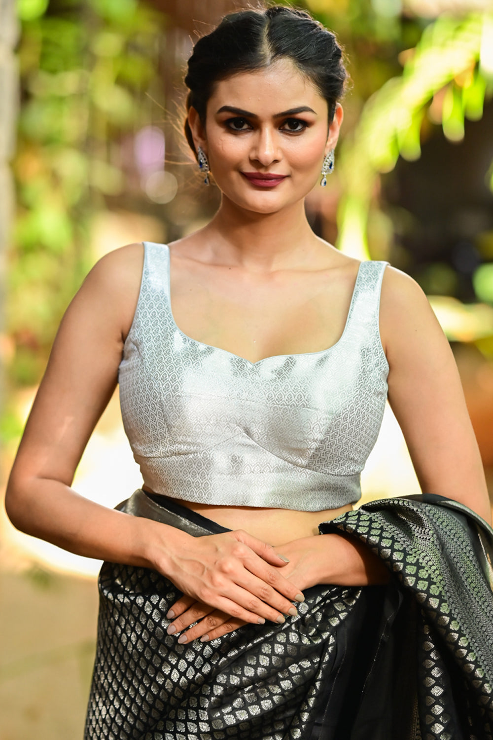 Silver Blouse with Scoopneck, Sleeveless Pattern and Cutdana Latkans