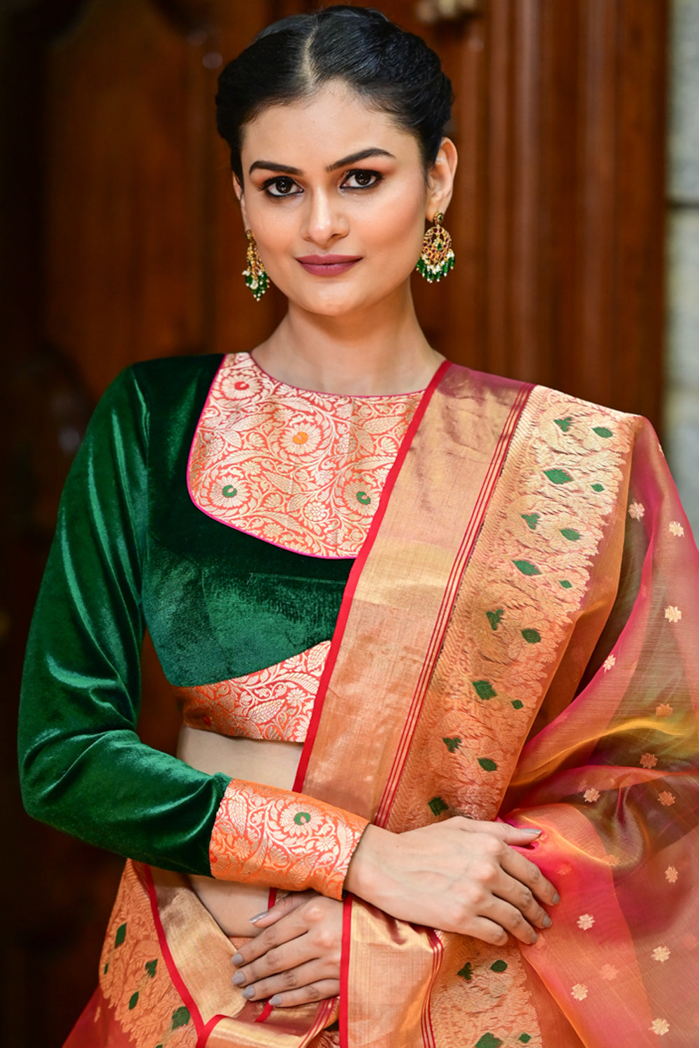 Exquisite Green Velvet Full Sleeve Blouse with Banarasi Meenakari Brocade Yoke and Cuff