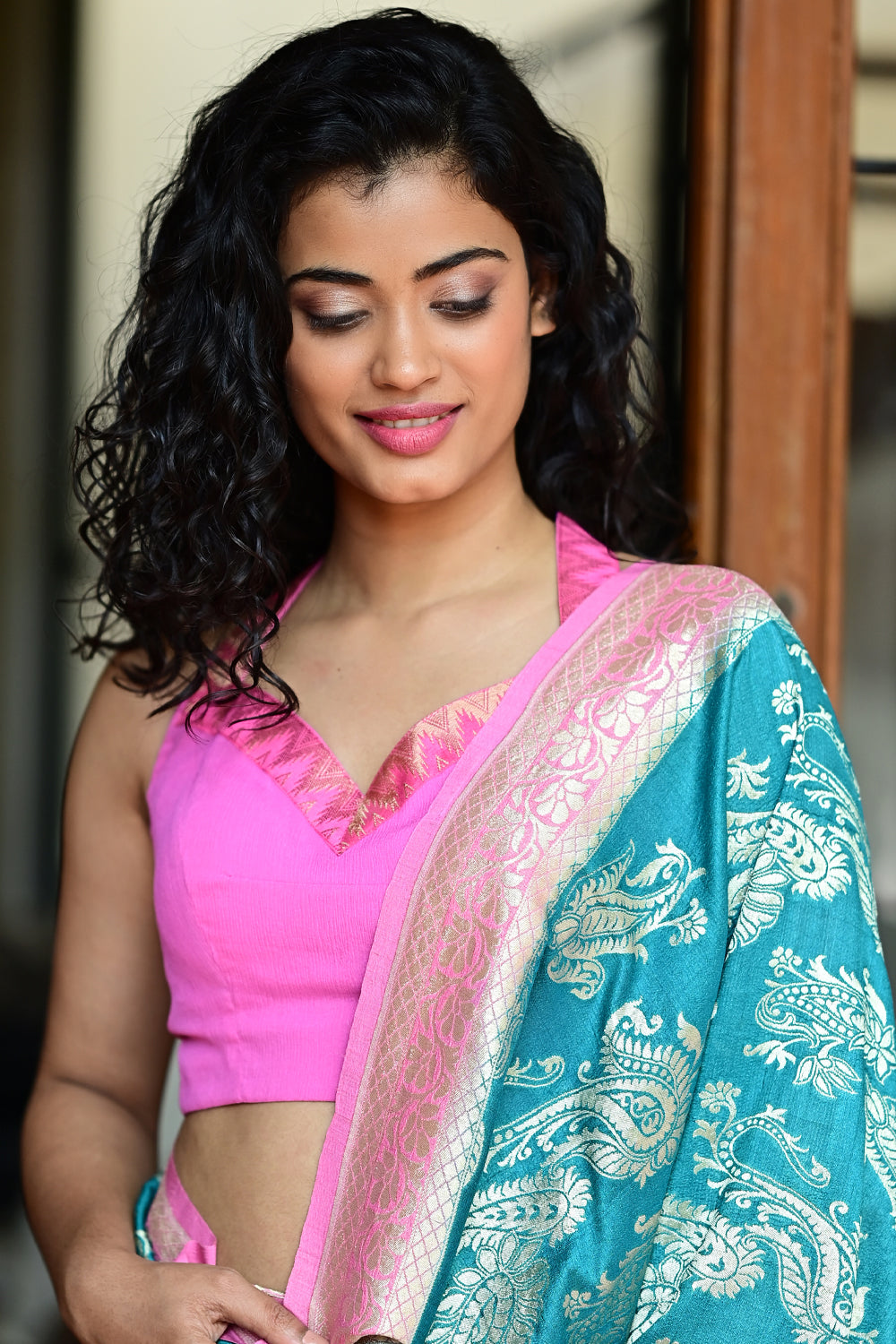 Bubblegum pink chiffon halter neck blouse with zari border