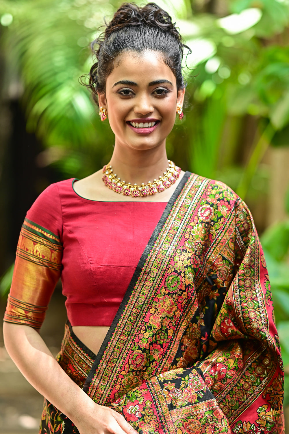 Red boatneck blouse with tie back with gold zari sleeves in narayanpet cotton