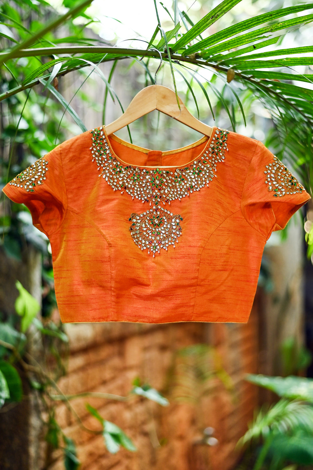 Orange Kundan Jadau Blouse in Necklace design rawsilk blouse