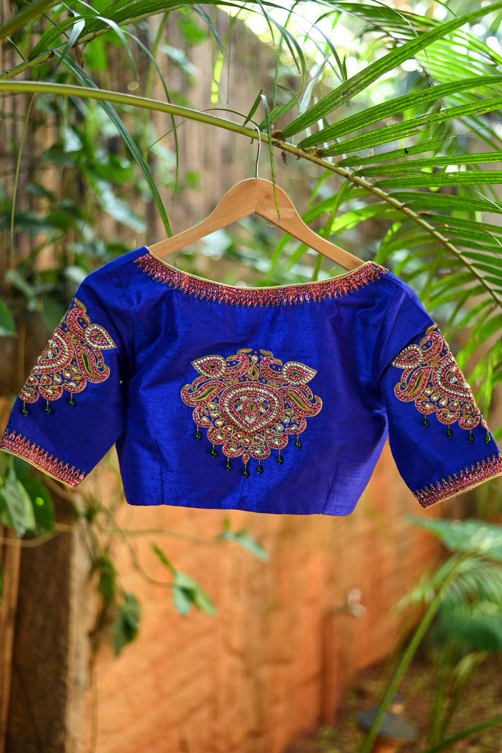 Ultramarine blue raw silk sweetheart neck blouse