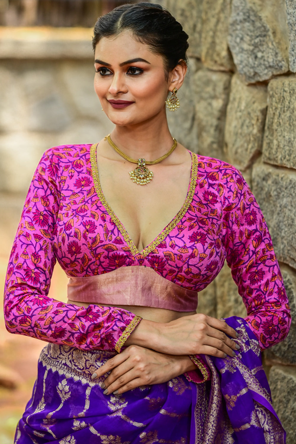 Pink floral Pure Raw Silk full sleeve Plunge neck blouse with Bow tie back