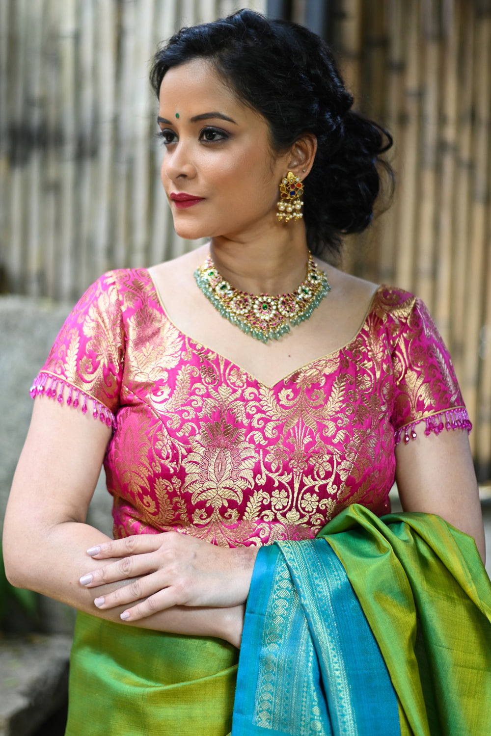 Rani Pink Banarasi Brocade Blouse with Back tie design and dangling beads