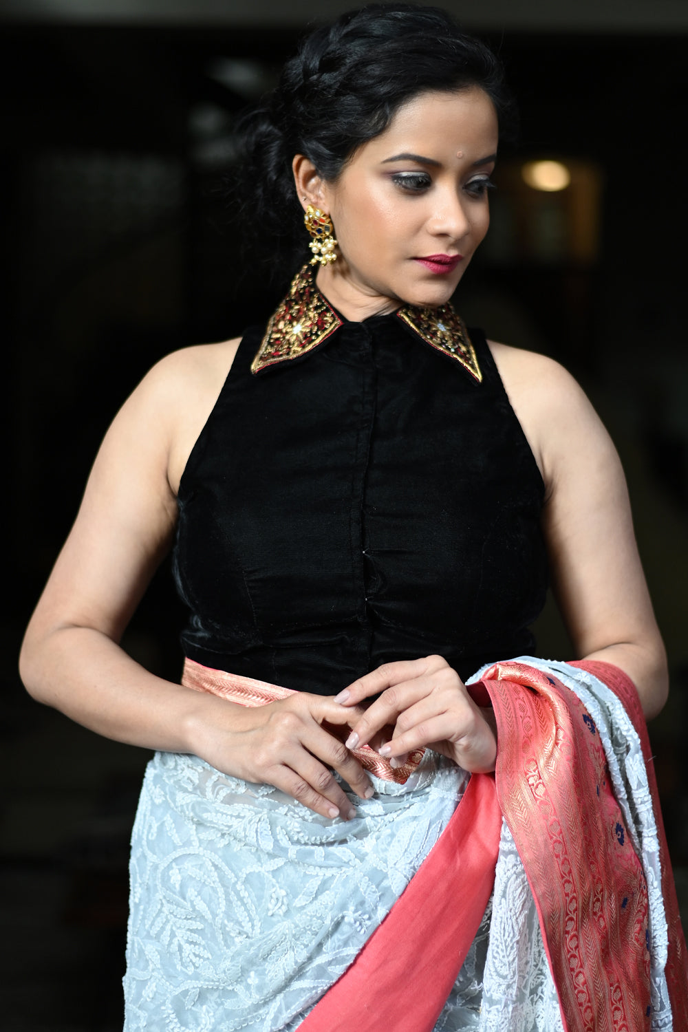 Velvet Blouse with Zardosi work on Collar