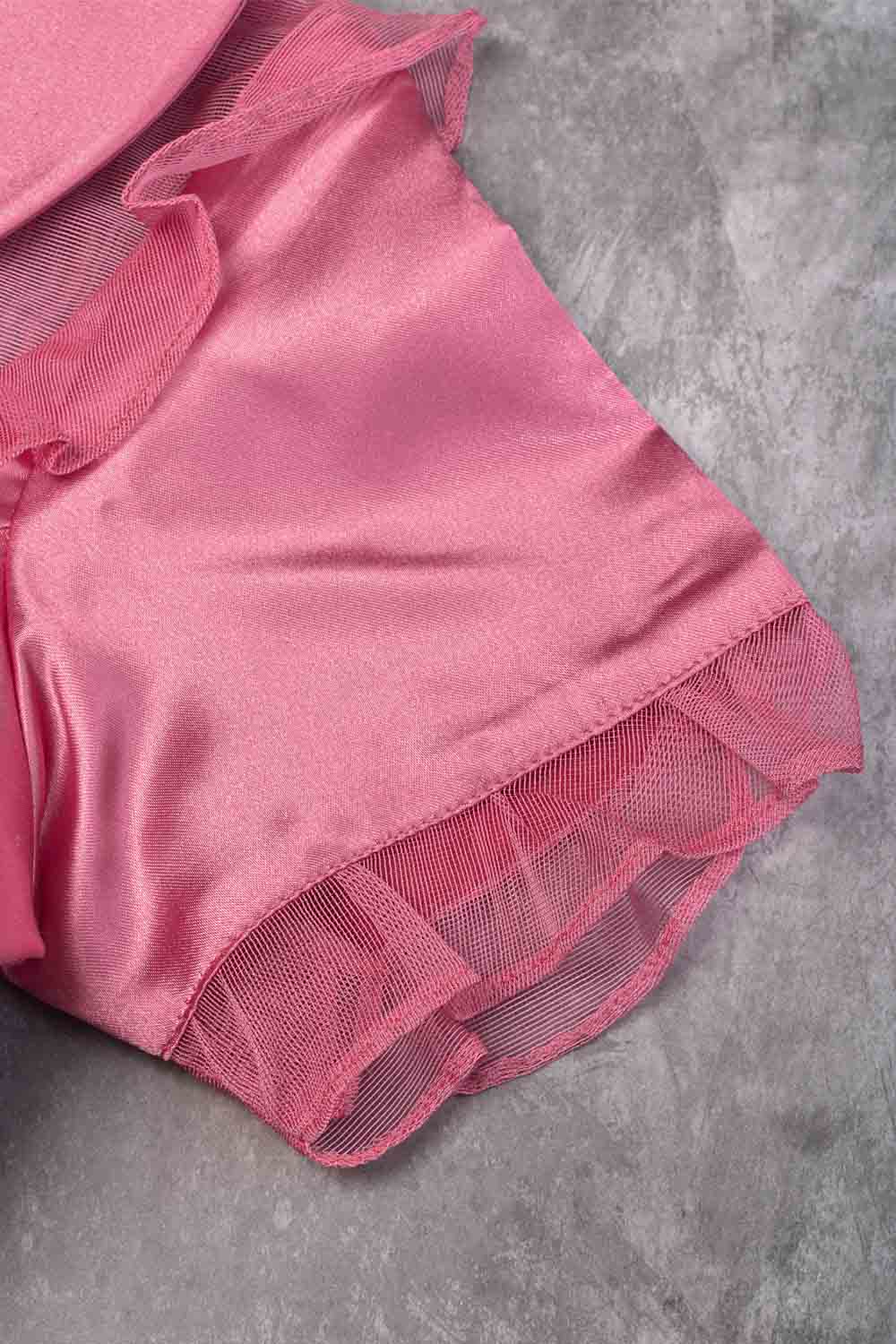 Candy pink satin peter pan blouse with net frill detailing