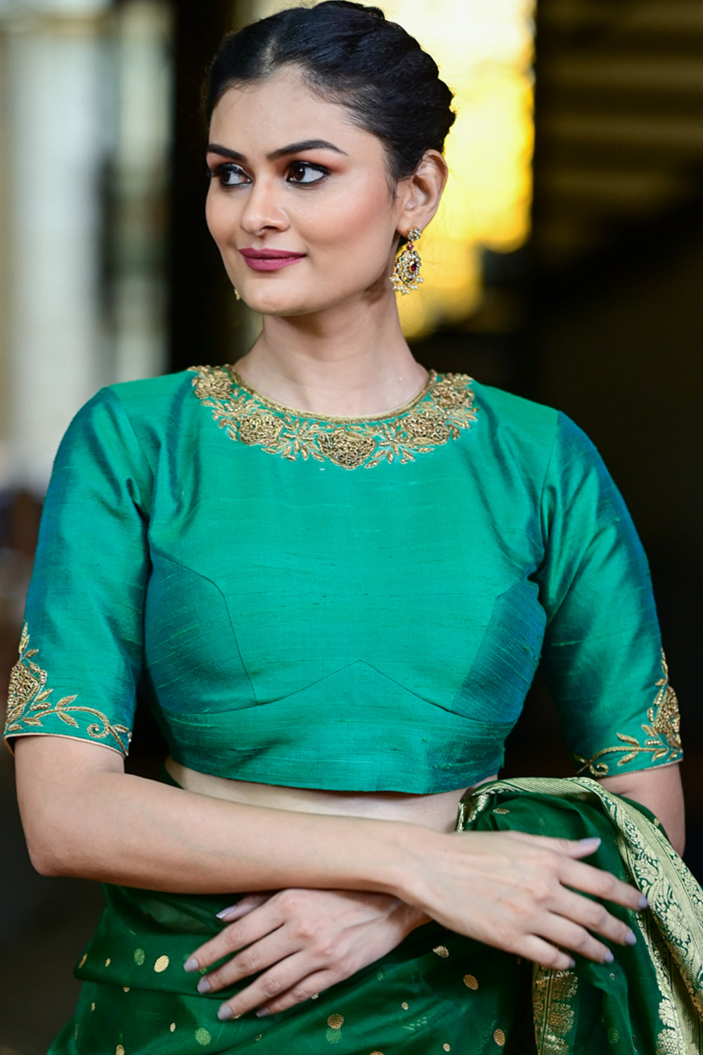 Green Dual Tone Pure Raw Silk Blouse with Antique Tone Zardosi work