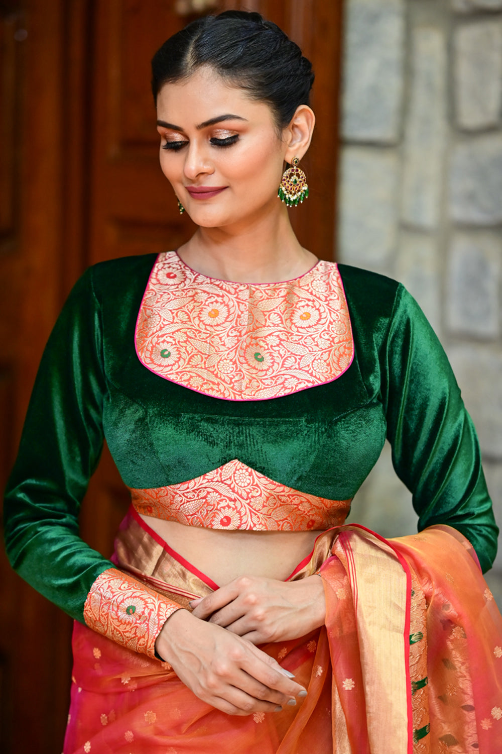 Exquisite Green Velvet Full Sleeve Blouse with Banarasi Meenakari Brocade Yoke and Cuff