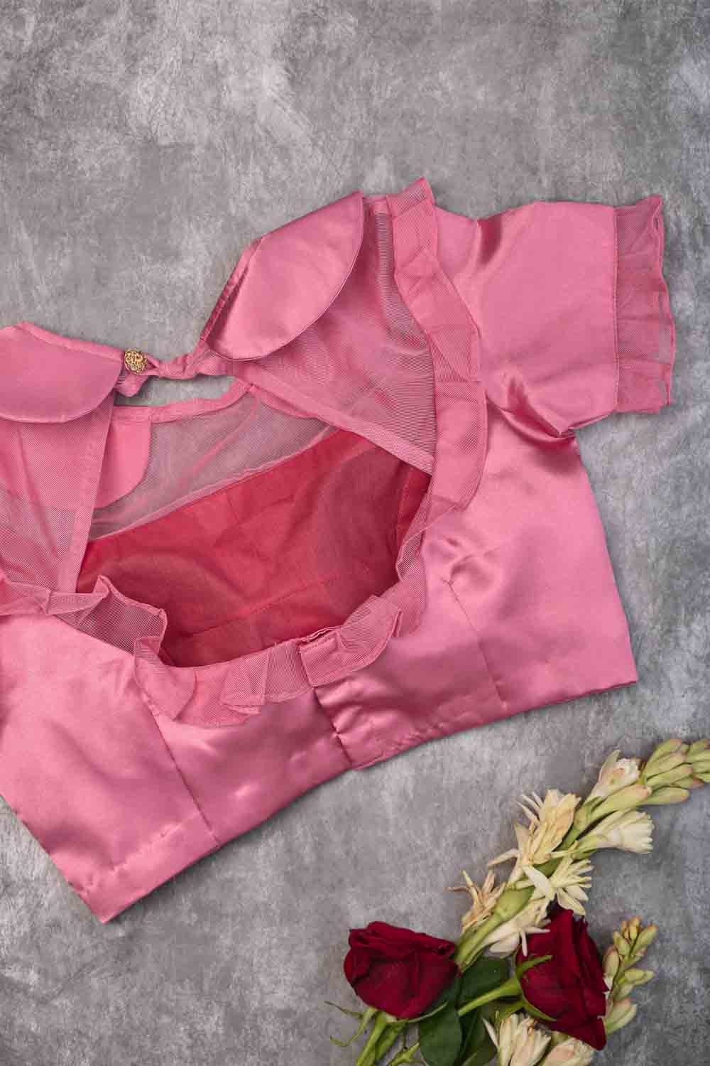 Candy pink satin peter pan blouse with net frill detailing