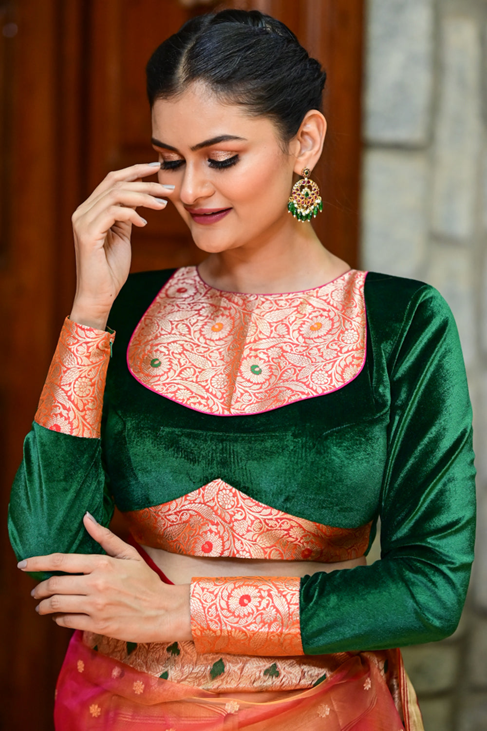Exquisite Green Velvet Full Sleeve Blouse with Banarasi Meenakari Brocade Yoke and Cuff