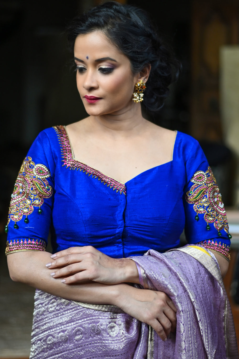 Made to Order: Temple Jewelry Style Jadau Blouse in Purple | Shobitam Blouse