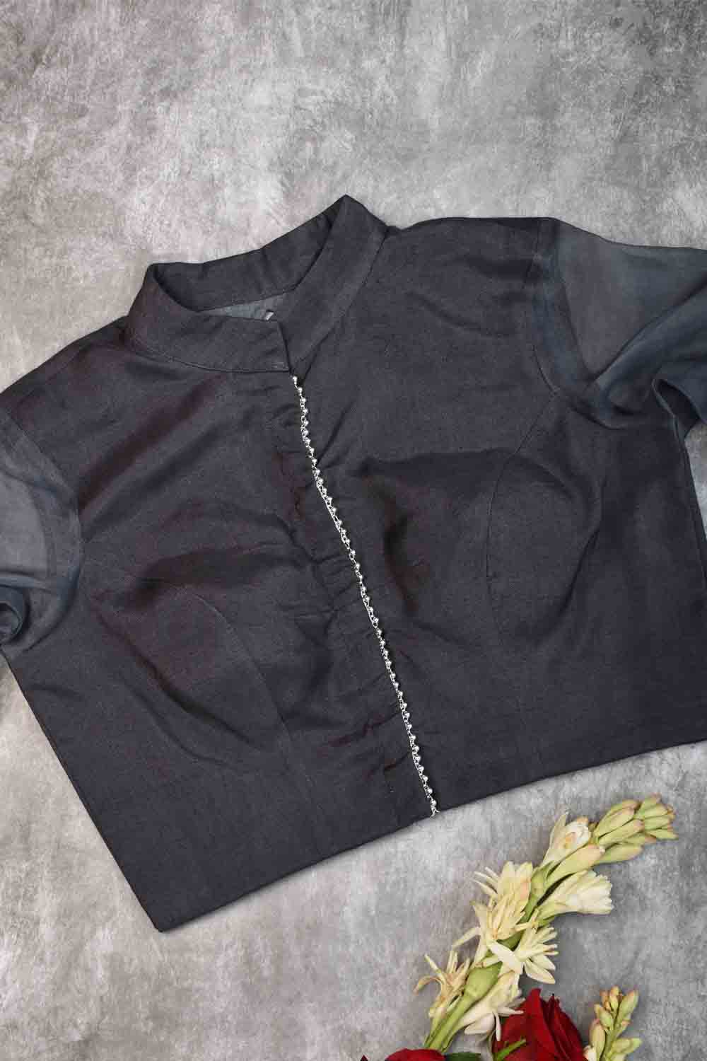 Gray rayon Chinese collar blouse with pure organza bishop sleeves - Mix and Match Blouse for saree