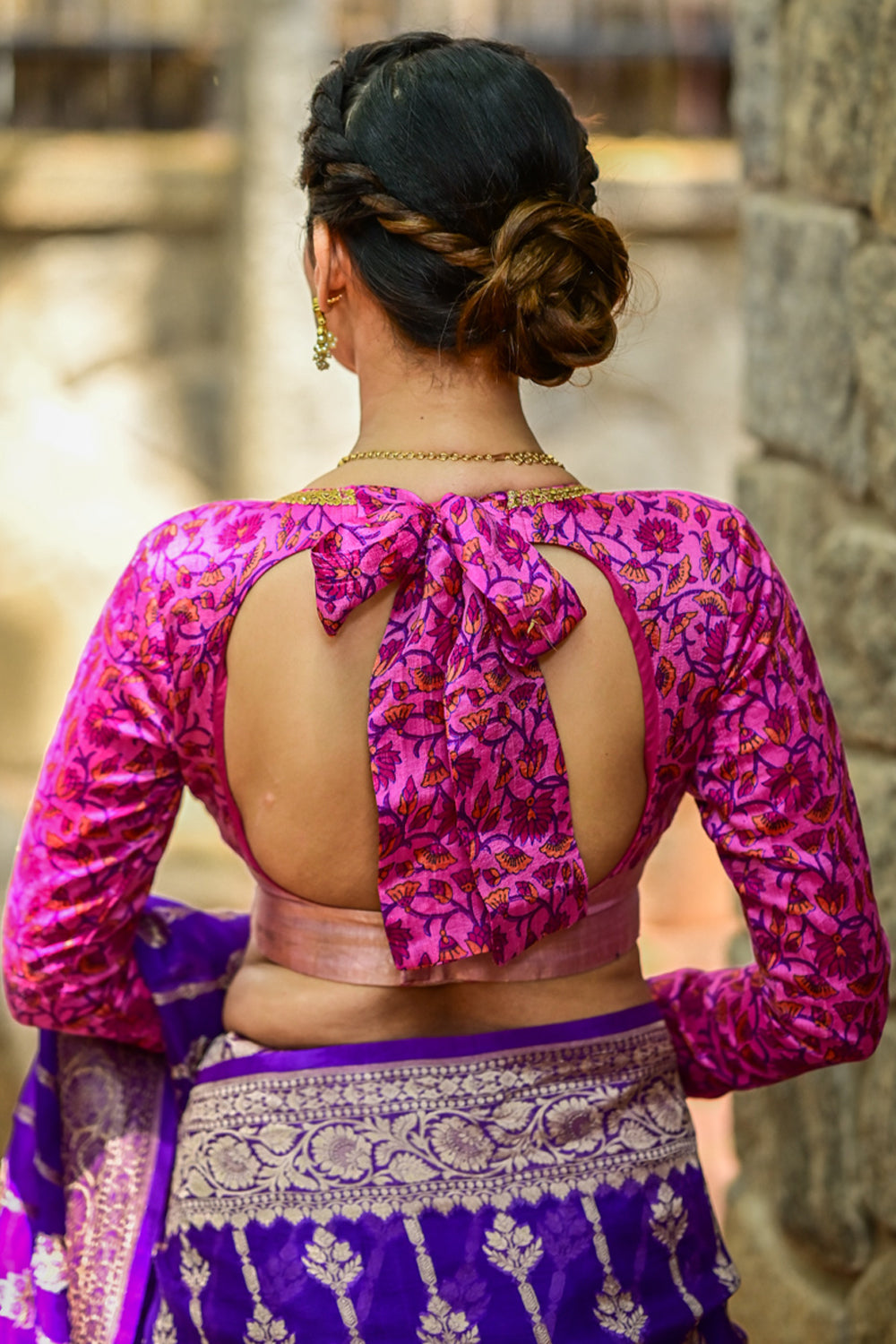 Hot pink floral pure rawsilk full sleeve V neck blouse with lace detailing