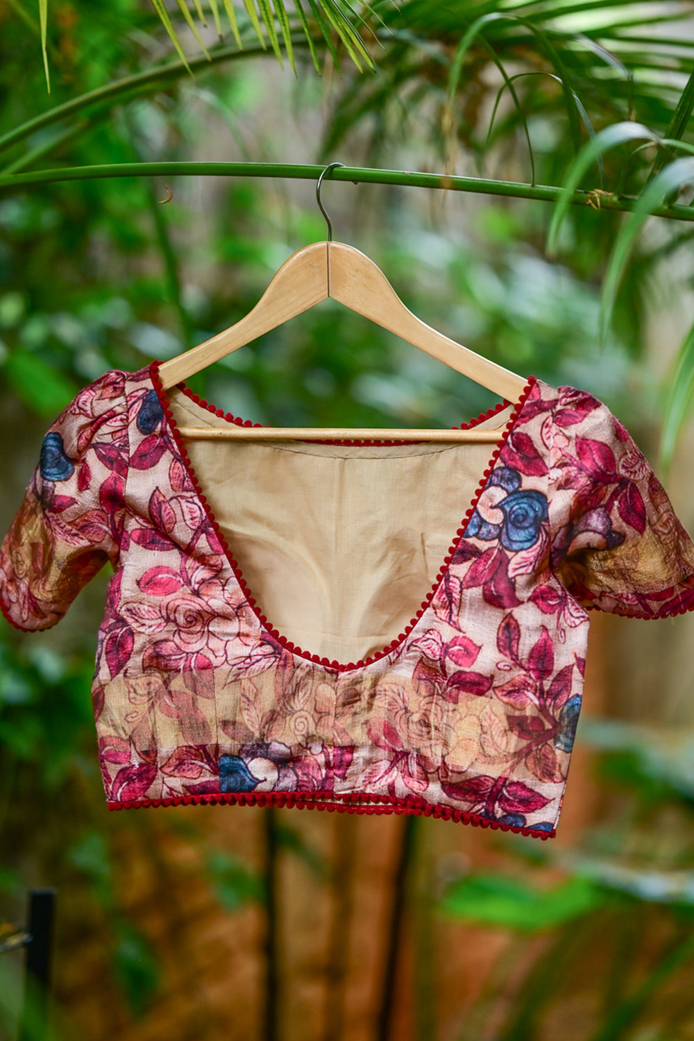 Beige floral  pure rawsilk boatneck blouse with maroon floral print and lace detailing
