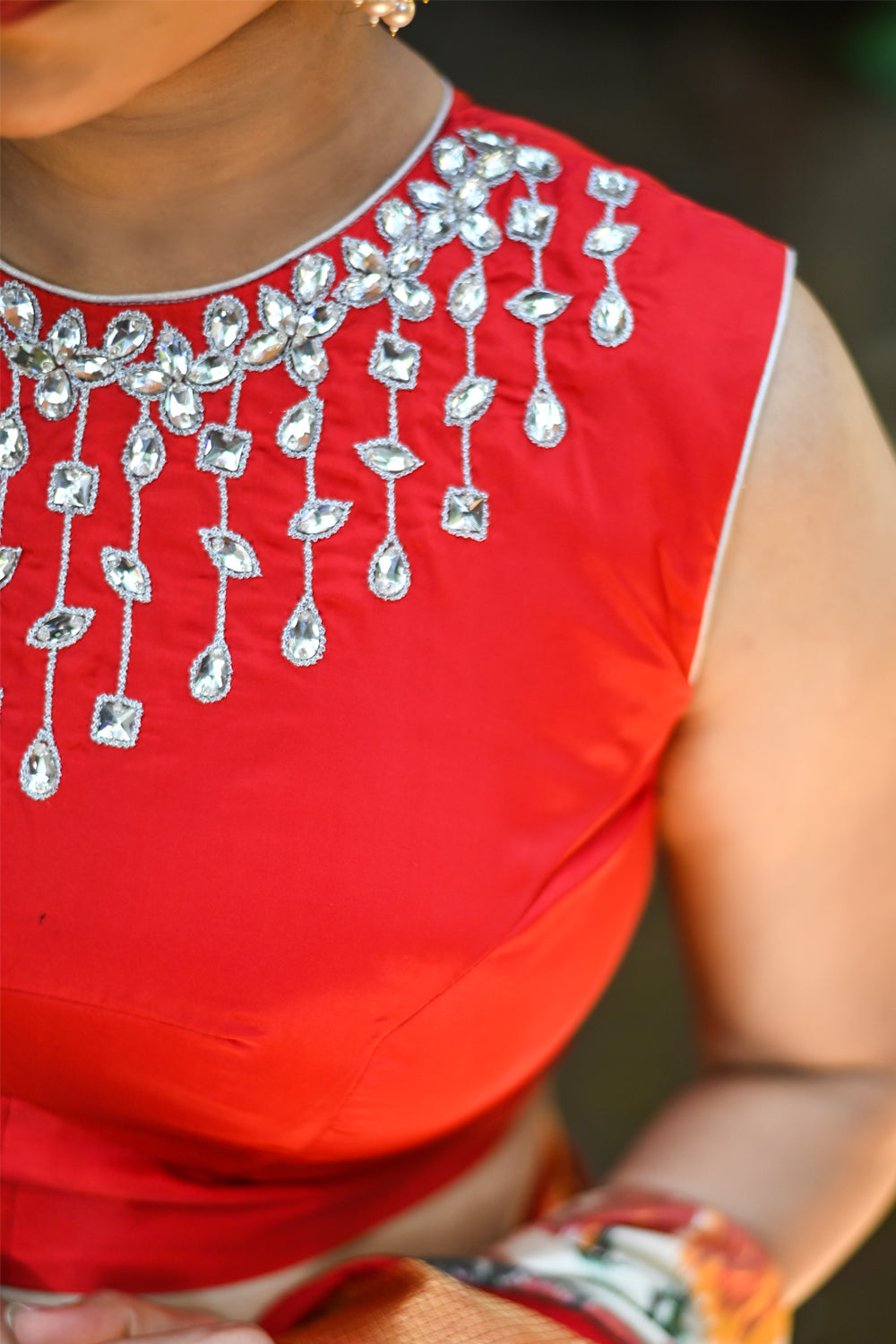 Red silk kundan work Hi neck blouse