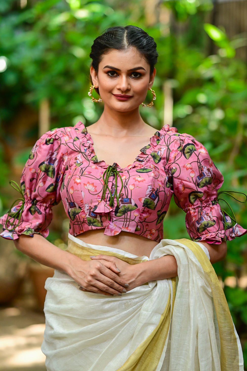 Pink pure silk pichwai printed U neck blouse with puff sleeves