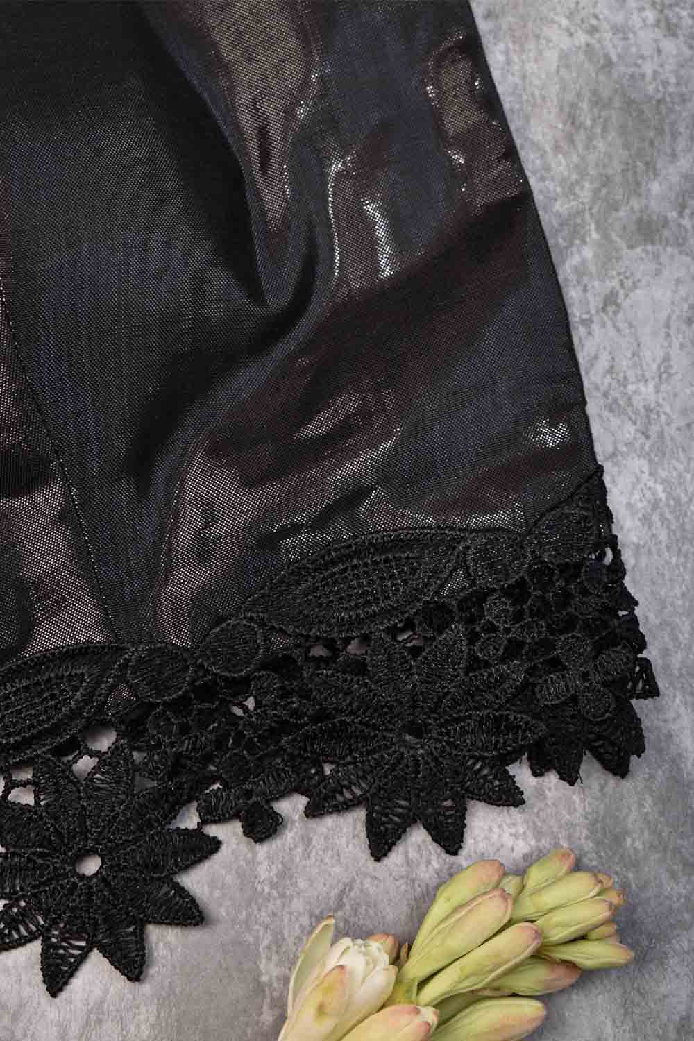 Black shimmer sweet heart neck blouse with net yoke & lace detailing