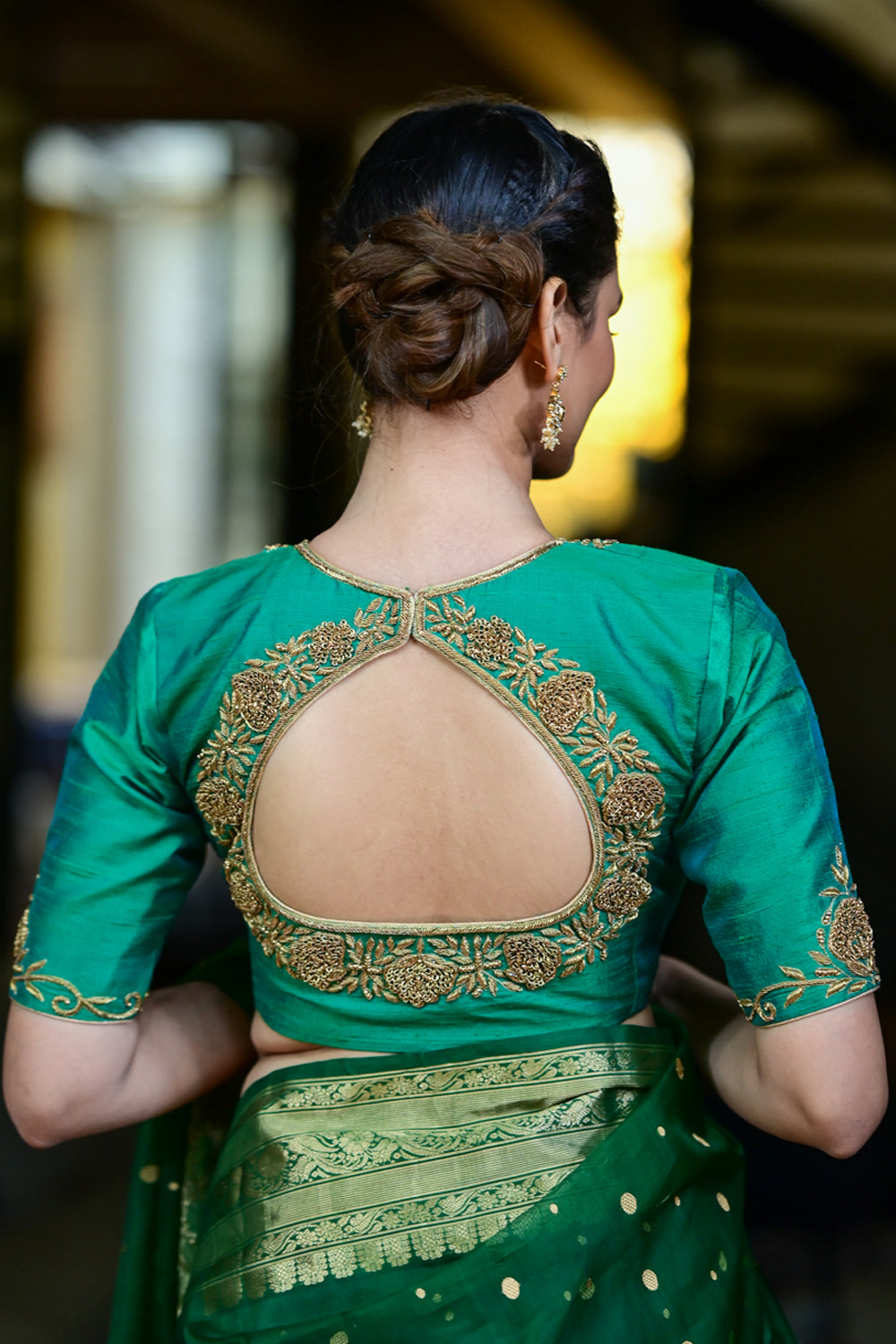 Green Dual Tone Pure Raw Silk Blouse with Antique Tone Zardosi work