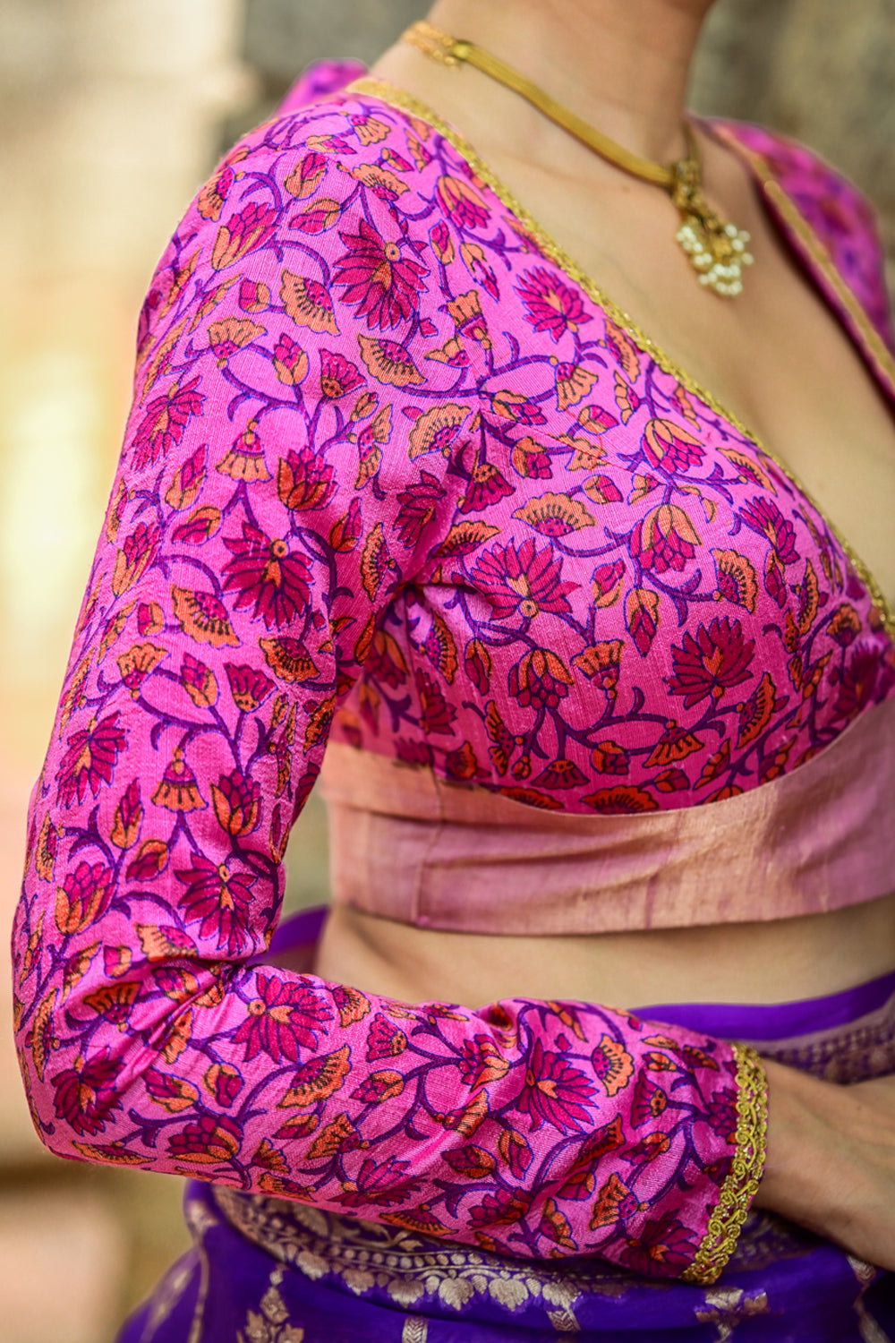 Pink floral Pure Raw Silk full sleeve Plunge neck blouse with Bow tie back