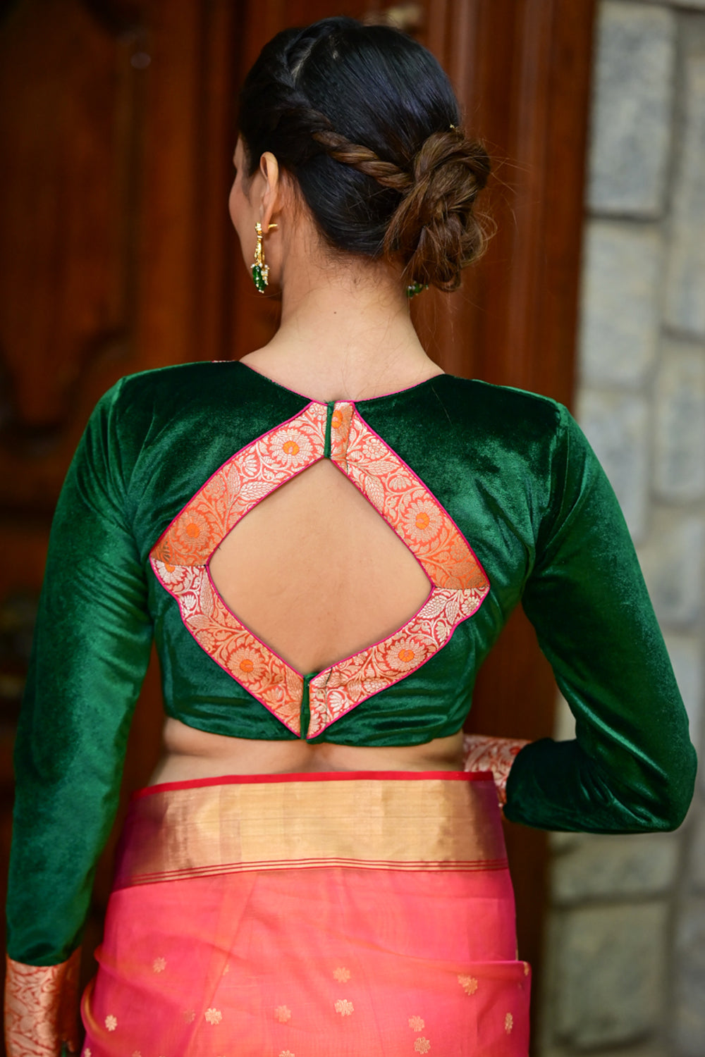 Exquisite Green Velvet Full Sleeve Blouse with Banarasi Meenakari Brocade Yoke and Cuff