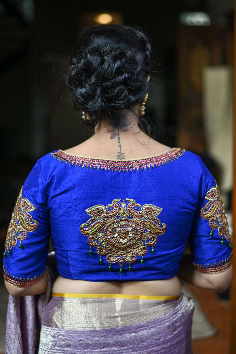 Made to Order: Temple Jewelry Style Jadau Blouse in Purple | Shobitam Blouse