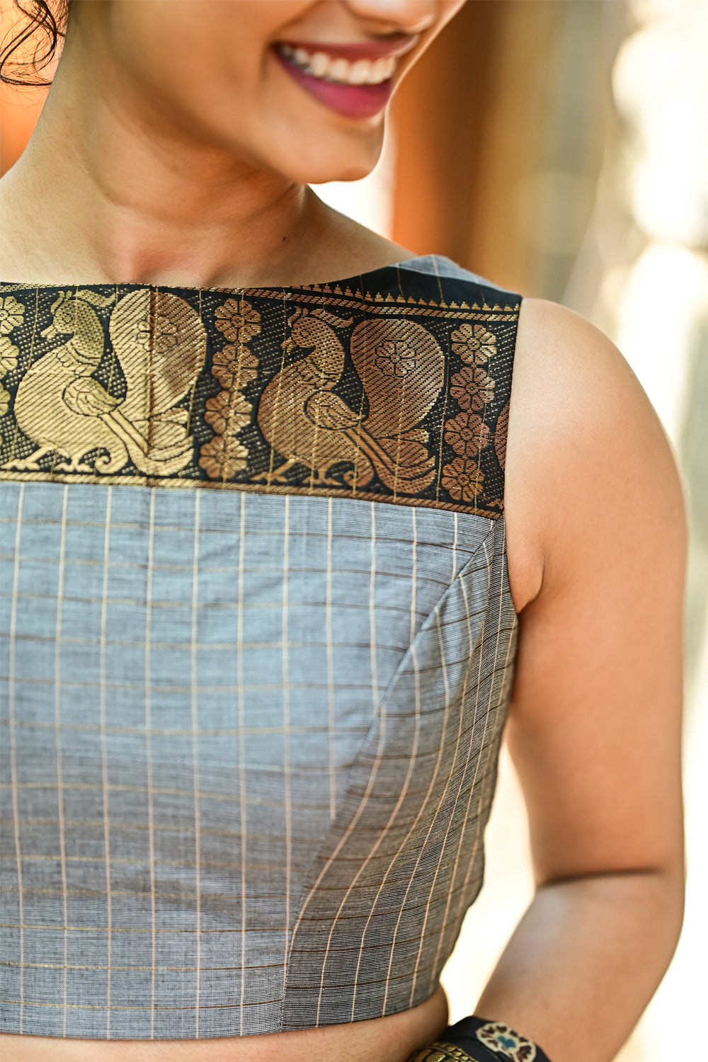 Grey checked boatneck blouse with back & border detailing in Chettinad cotton