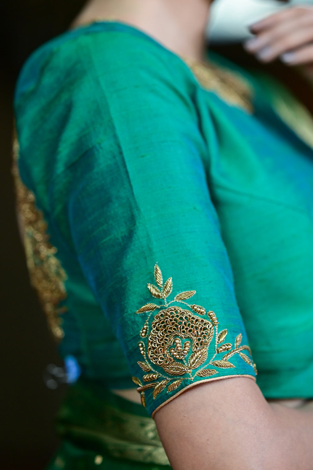 Green Dual Tone Pure Raw Silk Blouse with Antique Tone Zardosi work