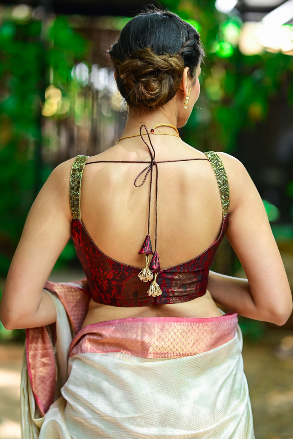 Maroon brocade sweetheart neck strappy  blouse