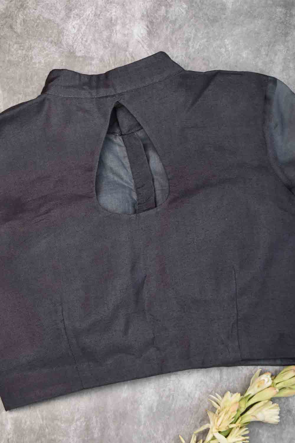 Gray rayon Chinese collar blouse with pure organza bishop sleeves - Mix and Match Blouse for saree