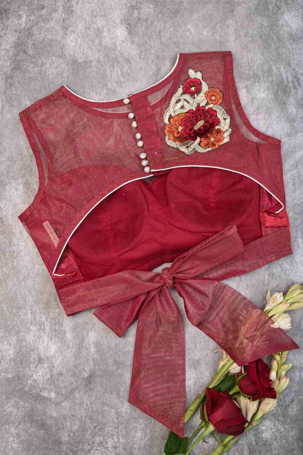 Deep red satin close neck  blouse with Applique detailing
