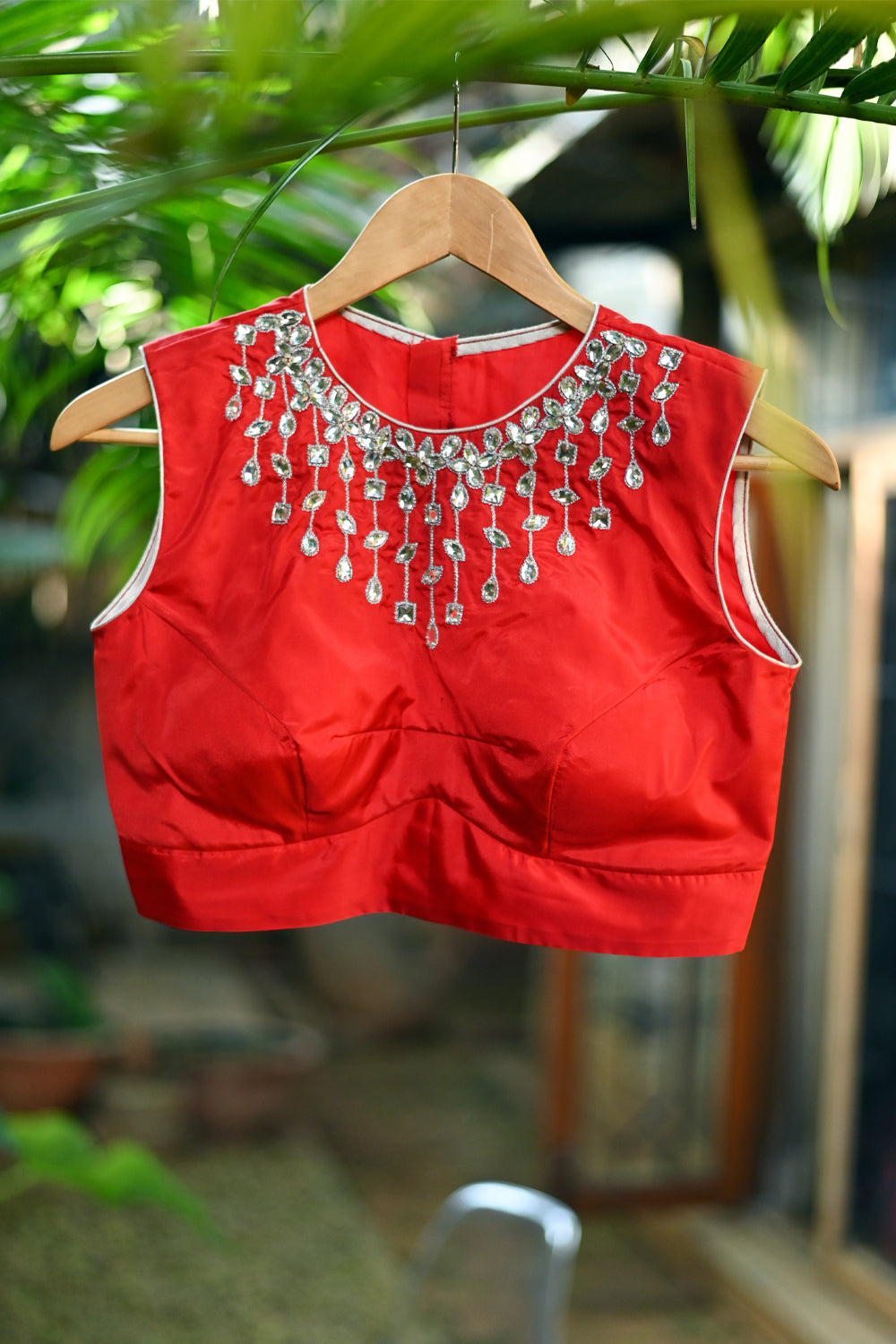 Red silk kundan work Hi neck blouse