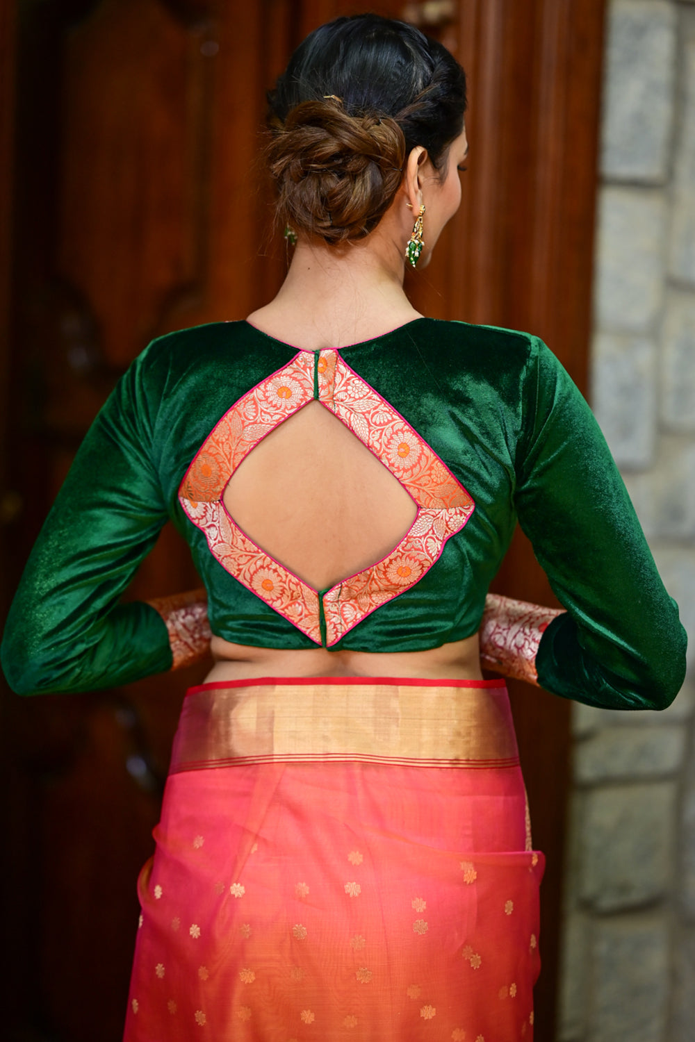 Exquisite Green Velvet Full Sleeve Blouse with Banarasi Meenakari Brocade Yoke and Cuff