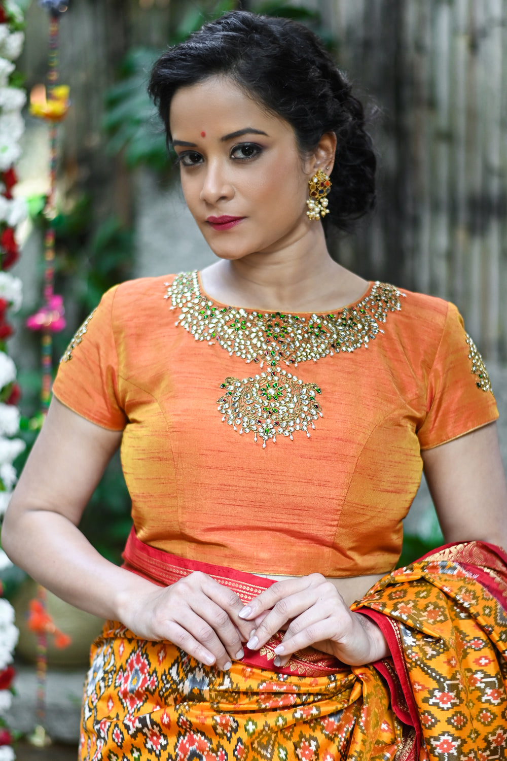 Orange Kundan Jadau Blouse in Necklace design rawsilk blouse