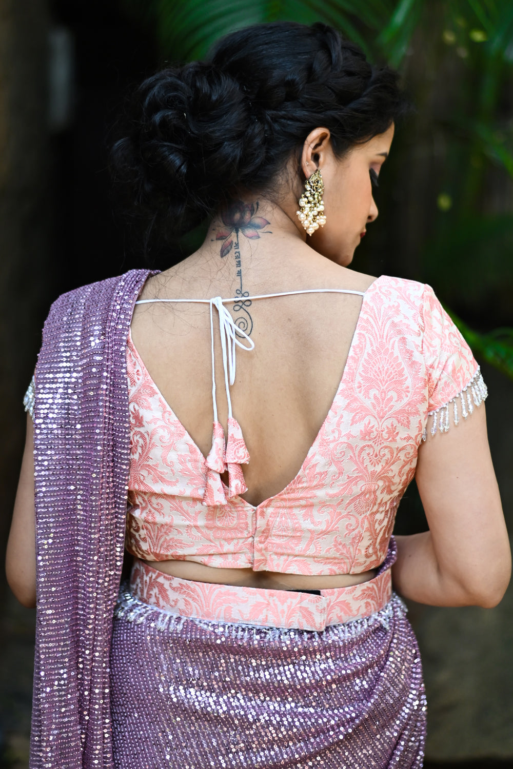 Peach Resham Banarasi Brocade Blouse and Adjustable waist belt with dangling beads