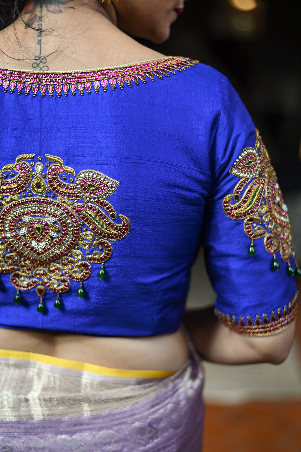 Made to Order: Temple Jewelry Style Jadau Blouse in Purple | Shobitam Blouse